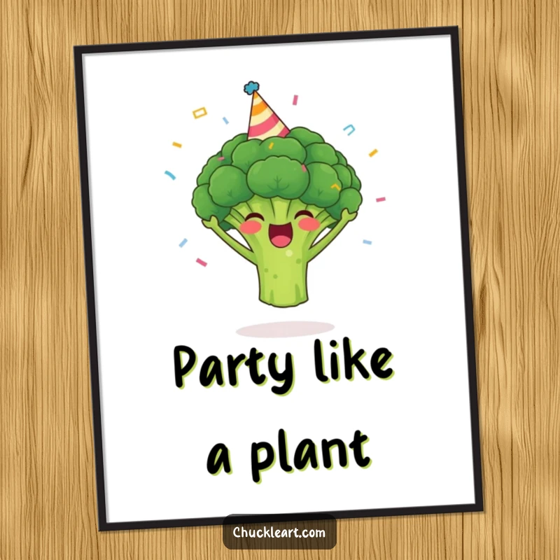 Funny broccoli poster showing a happy broccoli wearing a party hat amidst falling confetti, creating a festive and humorous atmosphere.