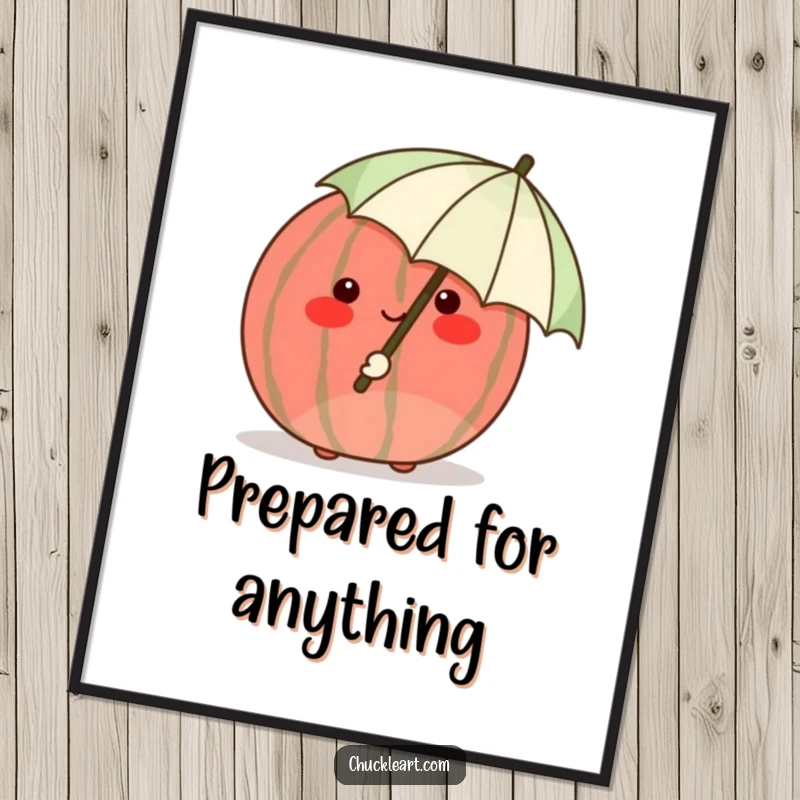Funny shy watermelon blushing crimson, hiding behind a tiny umbrella, a sweet and humorous poster.