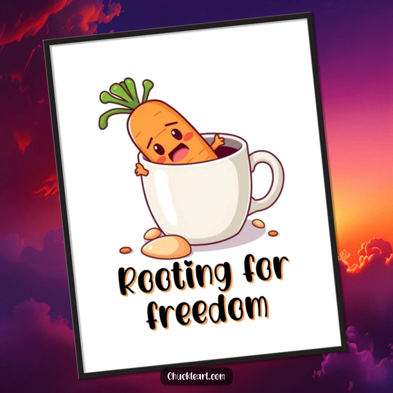 Funny poster artwork of a determined carrot digging its way out of a coffee mug, symbolizing a humorous and persistent escape.