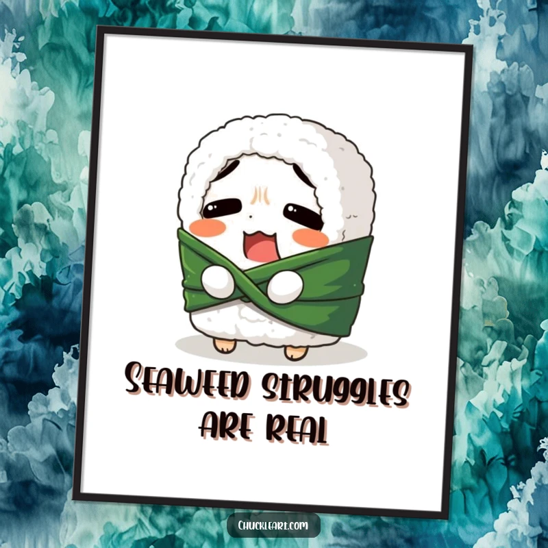 Funny poster showcasing a confused sushi roll in the process of tying its seaweed belt, a comical and relatable food-themed artwork.