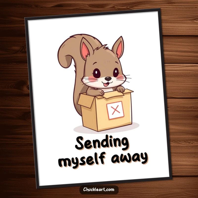 Funny poster of a squirrel humorously attempting to mail itself in a small box, a whimsical and comical piece of wall art for animal enthusiasts.