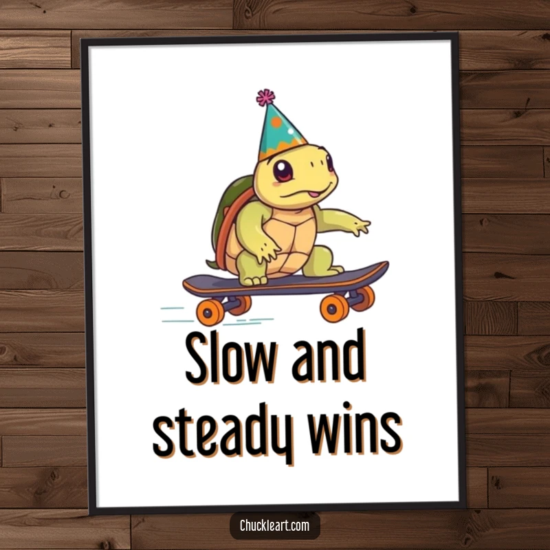 Funny turtle in a party hat comically attempts skateboarding speed, with a hilarious spill, on a vibrant poster, perfect as a funny gift.