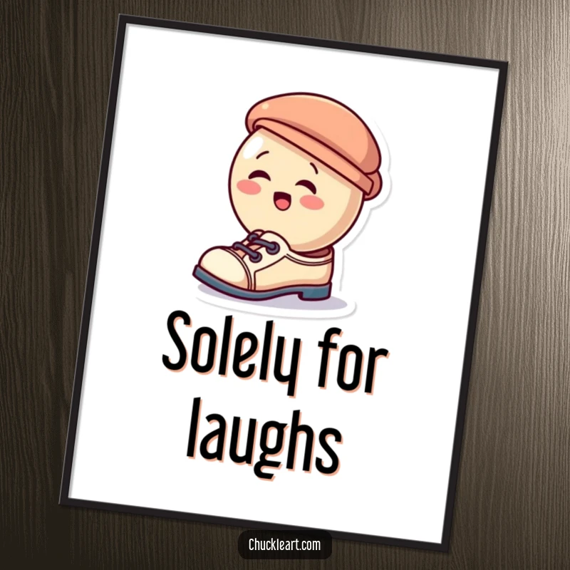 Funny poster showcasing a giggling button character hilariously attempting to use a hat as a shoe, a charming piece of quirky art.