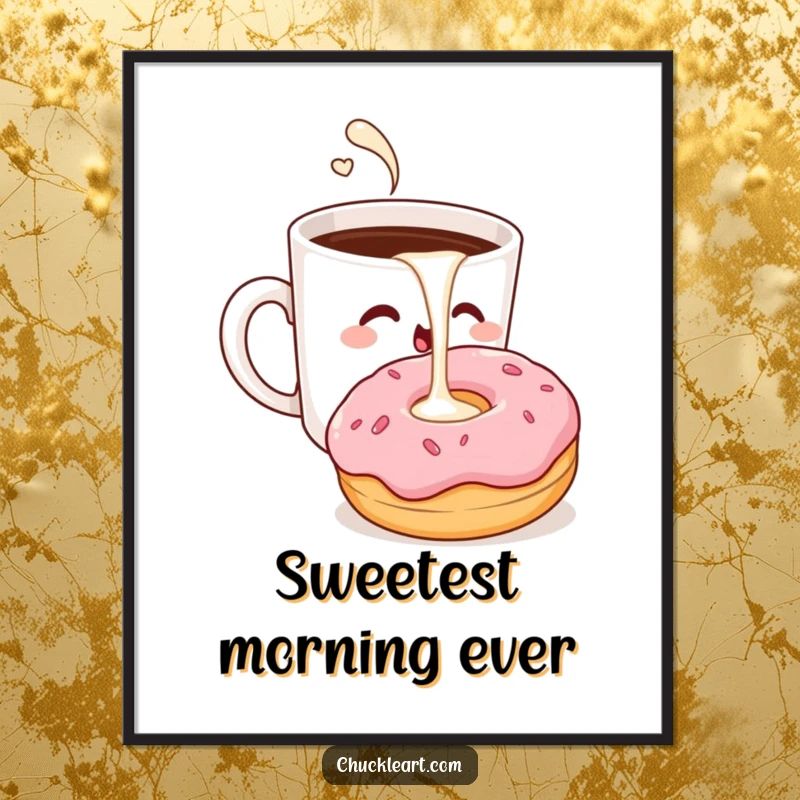 Funny poster showing a winking coffee cup pouring milk into a surprised donut, capturing morning delight.