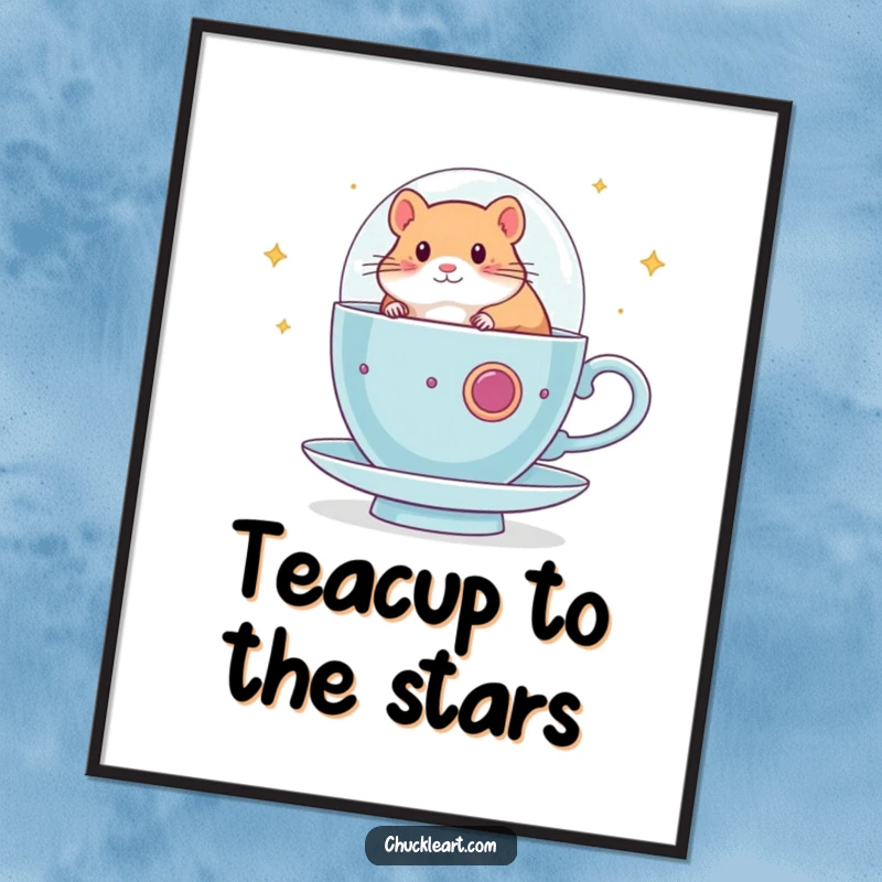 Funny hamster poster depicting a hamster piloting a giant teacup spaceship through starry space, ideal for whimsical and humorous wall decor.