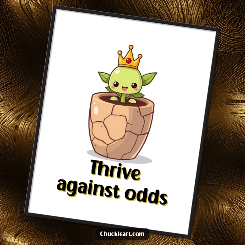 Inspirational poster of a proud little sprout wearing a crown, sprouting from a cracked pot, symbolizing resilience and hope.