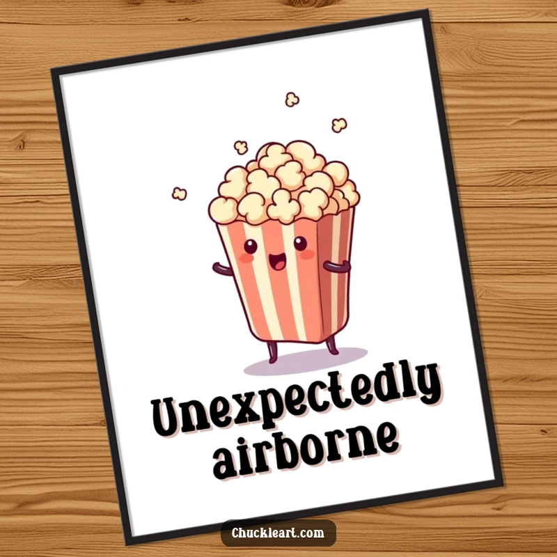 Funny poster depicting a piece of popcorn in mid-air, surprised as it jumps out of its bag.