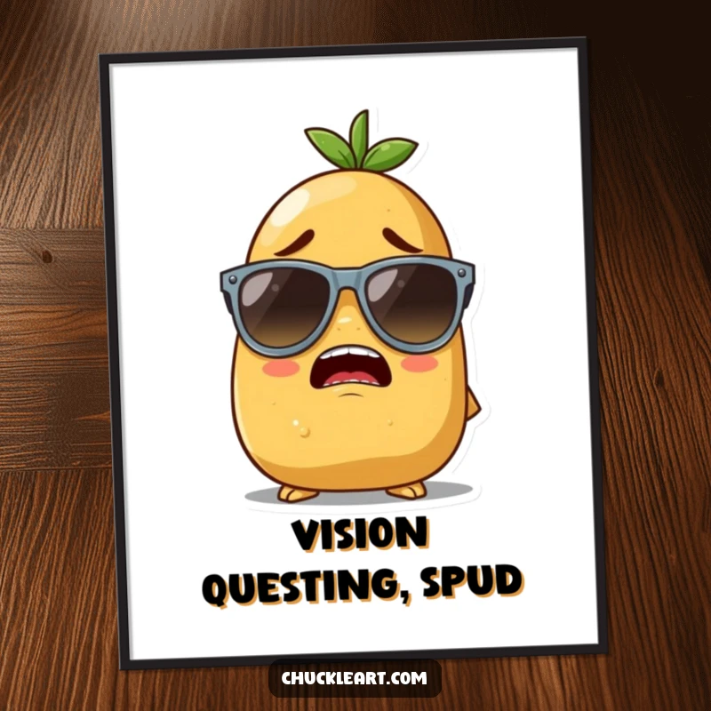 Funny poster art of a determined potato character hilariously attempting to wear oversized sunglasses, capturing a struggle for coolness.