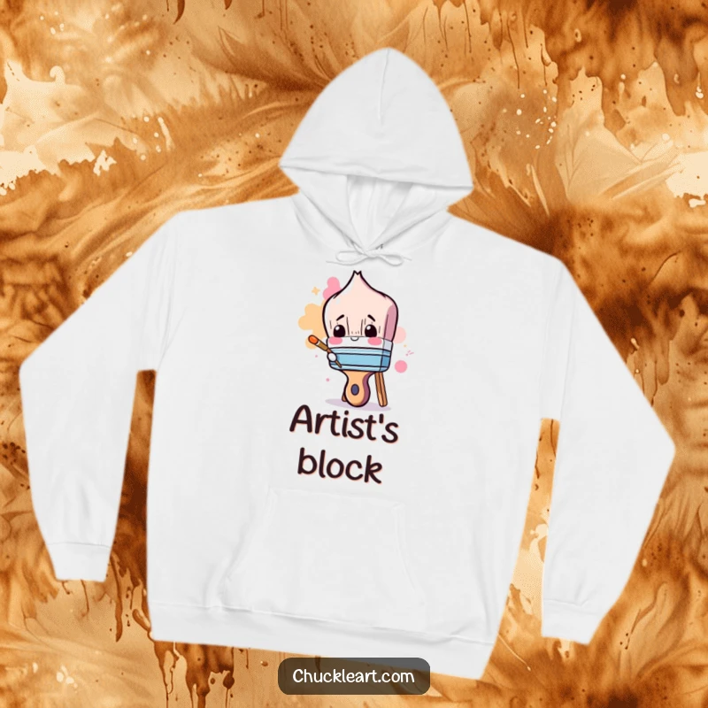 Funny hoodie featuring a clumsy paintbrush comically painting its own handle, a cozy and comical art piece.