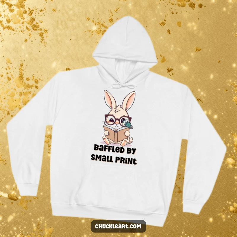 Funny rabbit hoodie with a rabbit wearing oversized spectacles reading a microscopic book, offering cozy warmth and studious, humorous appeal.