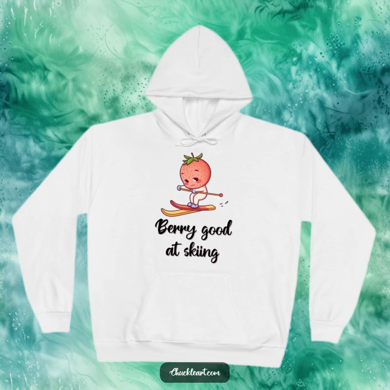Funny skiing strawberry hoodie, a determined berry balancing on a breadstick ski, offering cozy warmth and hilarious adventure.