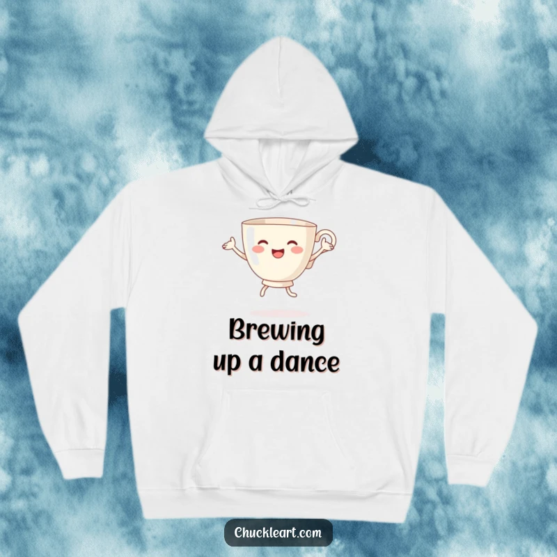 Funny hoodie depicting a teacup with arms and legs joyfully engaged in a silly, energetic dance, bringing cheer and comfort.