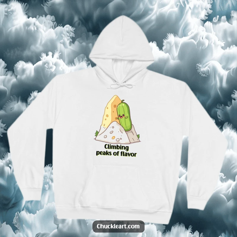 Funny determined pickle climbing a huge cheese mountain, depicted on a warm and funny hoodie.