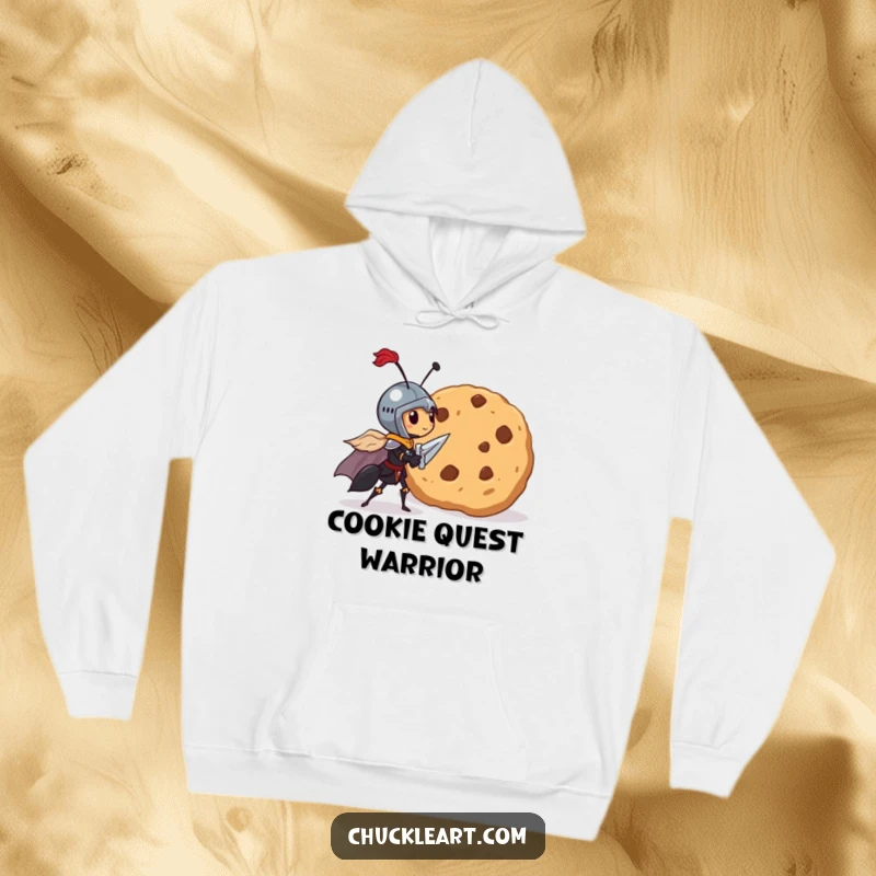 Funny hoodie depicting a tiny ant knight in full armor, courageously facing a giant cookie, ready for battle.