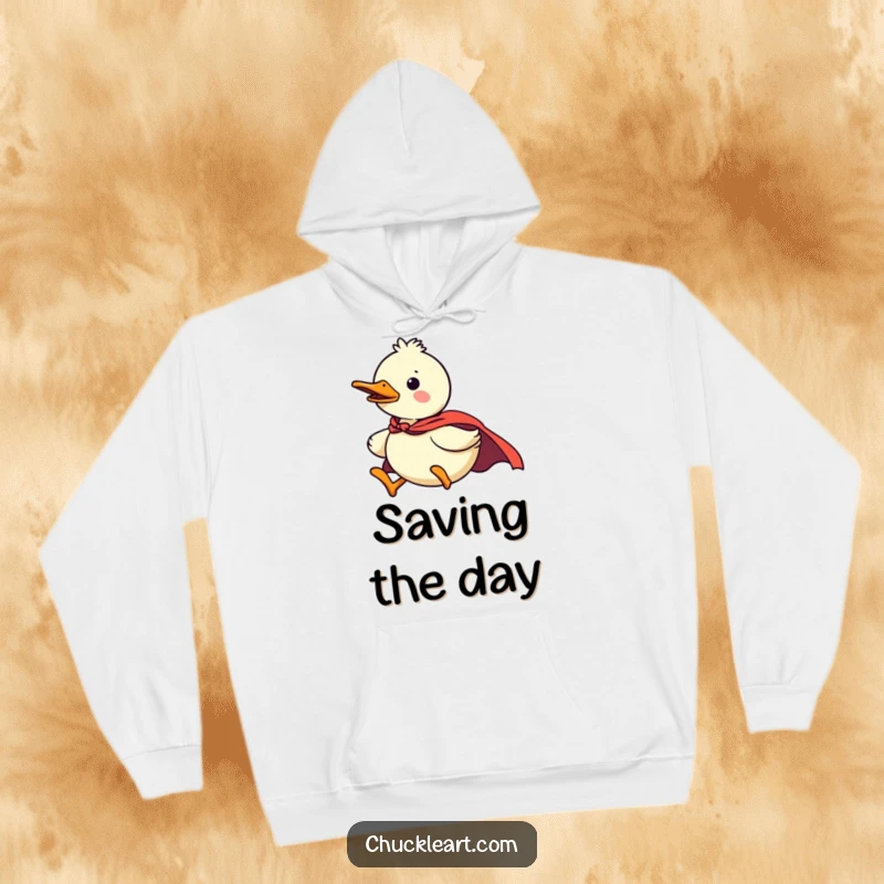 Funny duck superhero hoodie, cozy and confident, flying with a cape, perfect for heroic comfort, a humorous warm gift.