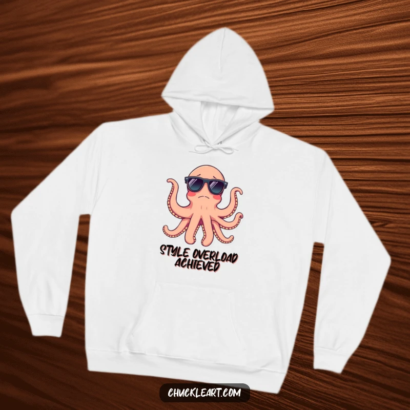 Funny confused octopus trying to wear sunglasses on all tentacles, depicted on a cozy hoodie.