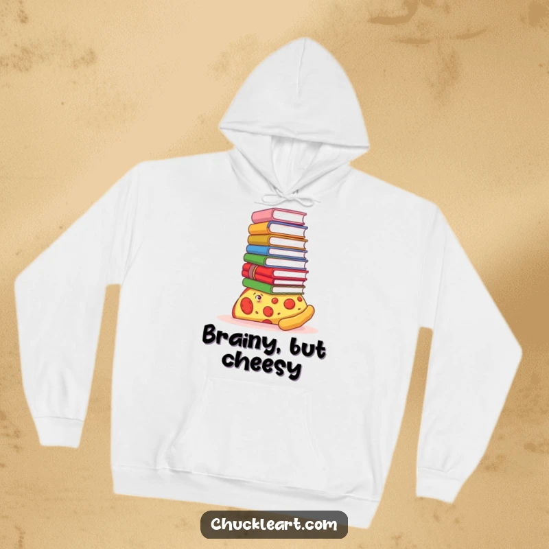 Funny hoodie depicting a pizza slice struggling to balance an enormous stack of books on its crust, a humorous academic struggle.