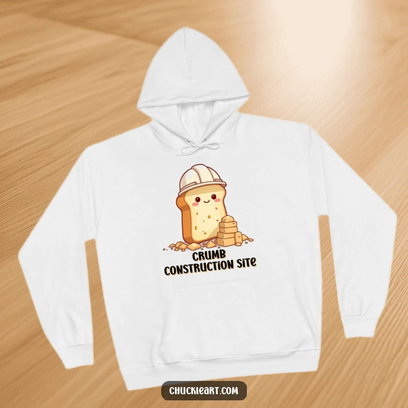 Funny hoodie depicting a bread loaf in a construction hat building a crumb tower, cozy and humorous.