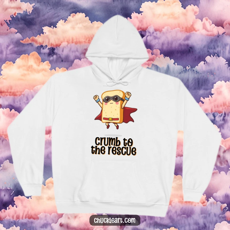 Funny loaf of bread as a superhero striking a triumphant mid-air pose, a warm and humorous hoodie for food lovers.