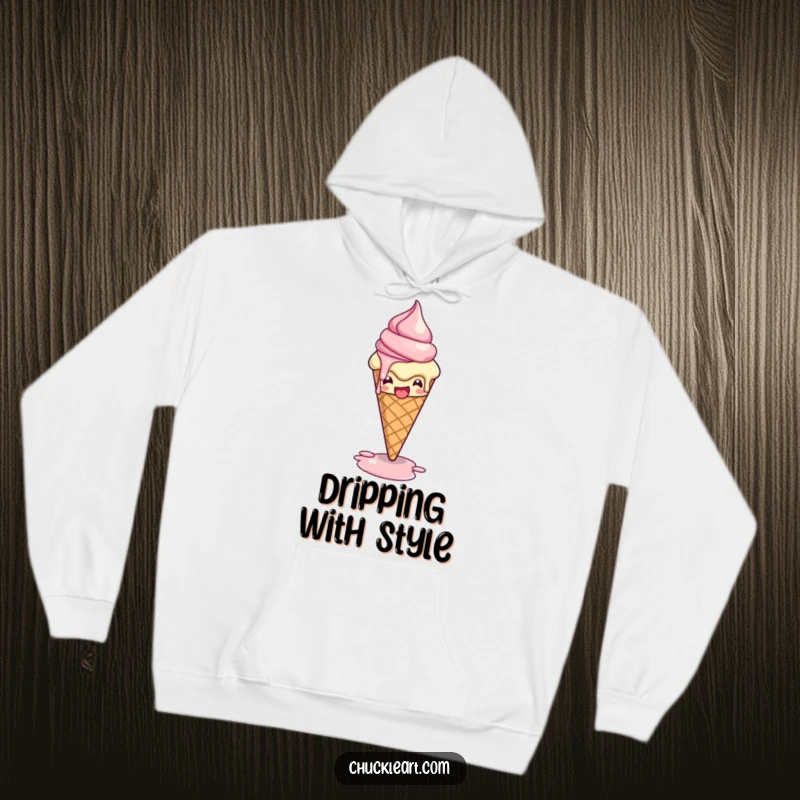 Funny hoodie with a melting ice cream cone striking a dramatic pose as it drips, offering warmth and a touch of sweet, humorous art.