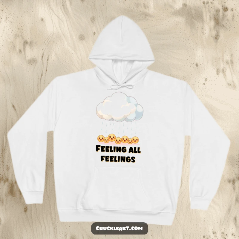 Funny hoodie graphic of a fluffy cloud accidentally raining down many small, surprised emoji faces.