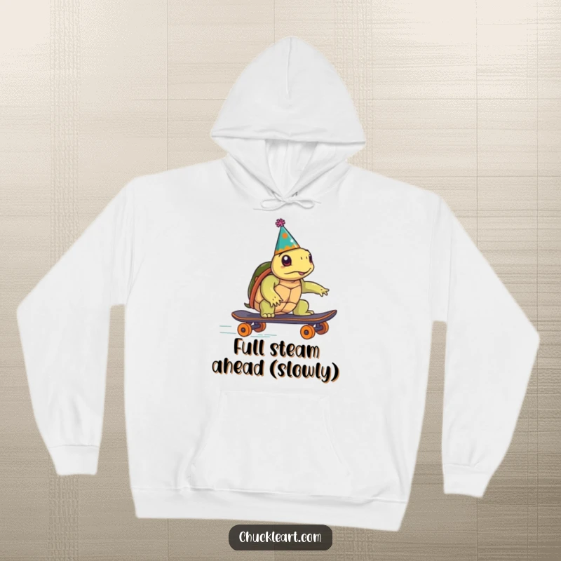 Funny turtle in a party hat attempts a speedy skateboard ride, hilariously losing control, depicted on a warm hoodie, ideal for a funny gift.