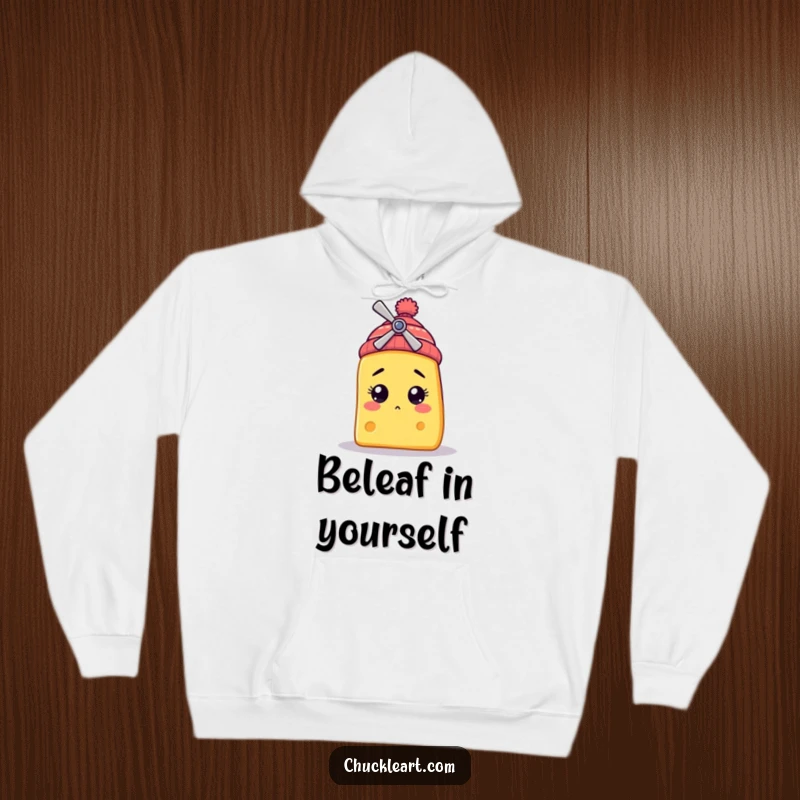 Funny hoodie depicting a bewildered cheese slice character wearing a tiny propeller beanie, offering warmth and a good dose of humor.