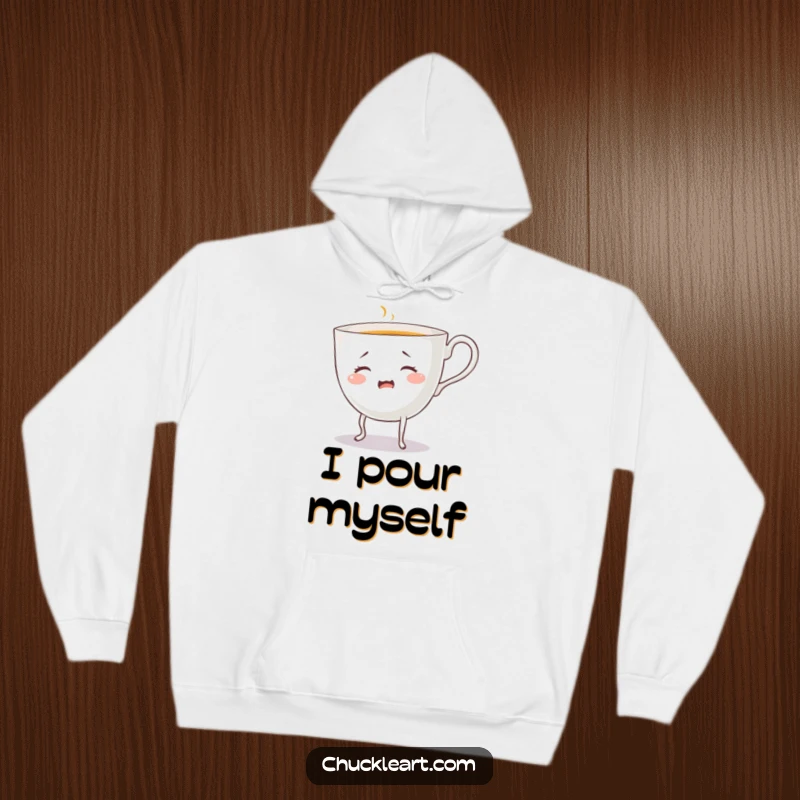 Funny bewildered teacup with legs, pouring beverage, on a hoodie, a cozy and humorous piece of apparel.