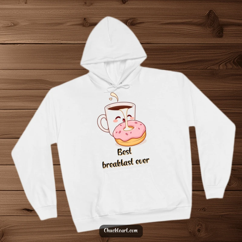 Funny hoodie depicting a winking coffee cup pouring milk into a surprised donut, perfect for cozy fun.