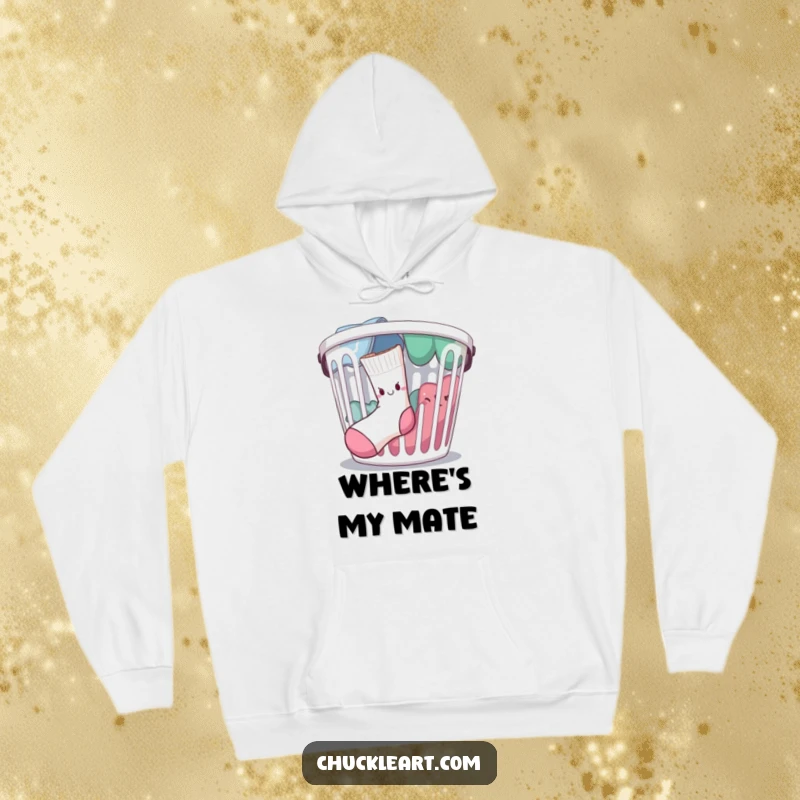 Funny determined sock escaping a laundry basket, on a hoodie, a comfortable and humorous apparel item.