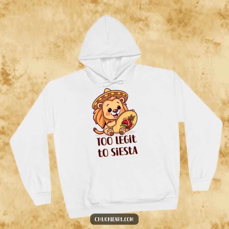 Funny lion in a miniature sombrero, attempting to eat an enormous taco, depicted on a warm hoodie for ultimate comfort and humor.