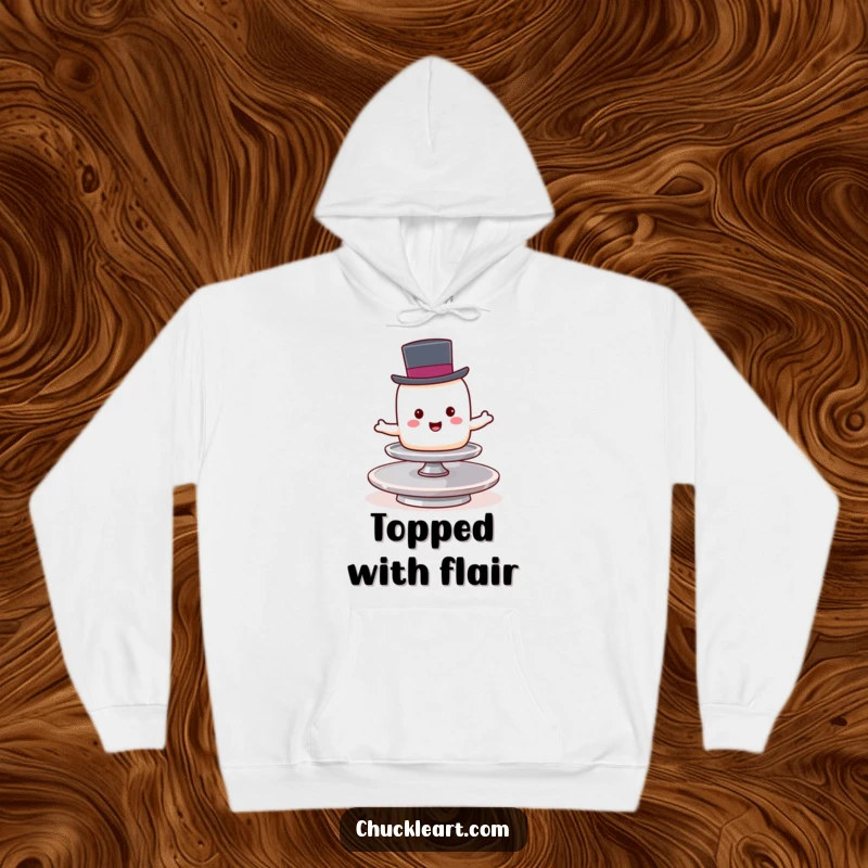 Funny marshmallow wearing a top hat tries to balance on a spinning plate, a cozy and humorous hoodie.