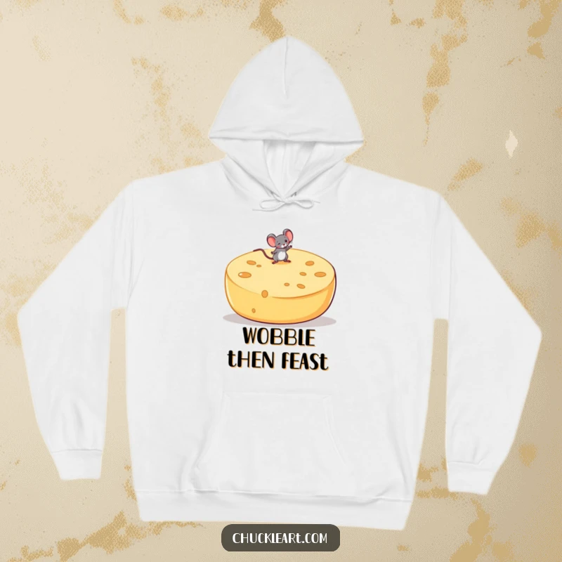 Comfortable hoodie featuring a funny mouse bravely balancing on a large, wobbling cheese wheel, perfect for cozying up.
