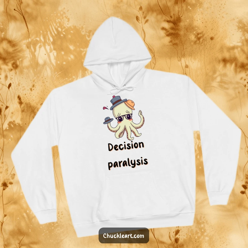 Funny confused octopus hilariously tangled in multiple hats, arms everywhere, on a warm hoodie, ideal for a funny gift.