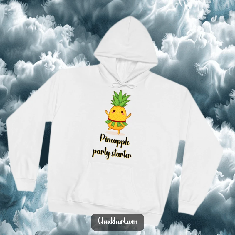 Funny hoodie with a dancing pineapple in a hula skirt, spinning energetically, designed for maximum tropical comfort and fun.
