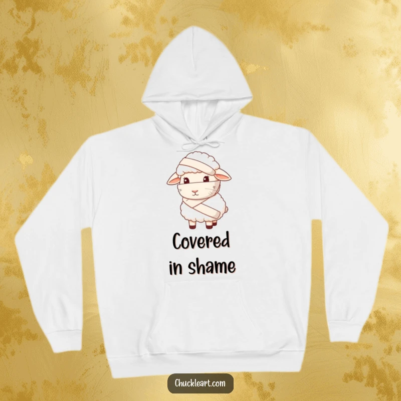 Funny hoodie featuring a sheep with a giant bandage looking sheepish, ideal for cozy humor lovers.