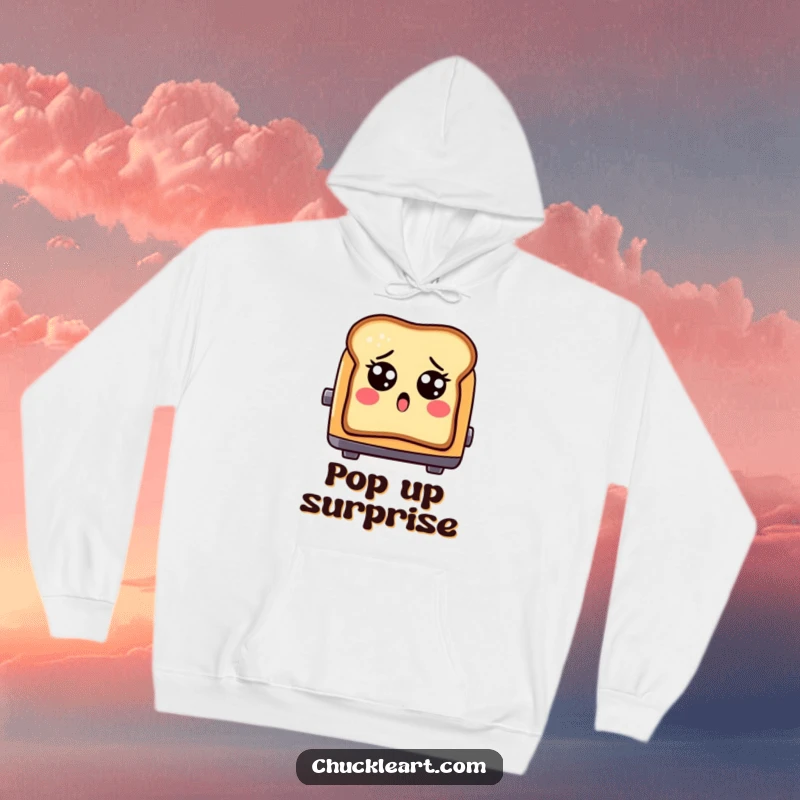 Funny shocked toast with eyes, popping out of a toaster, on a hoodie, a comfortable and humorous apparel item.