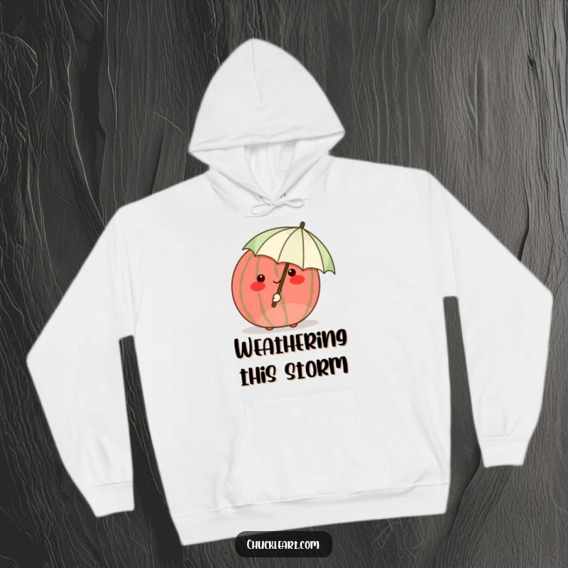 Funny shy watermelon blushing crimson, hiding behind a tiny umbrella, a soft and humorous hoodie.