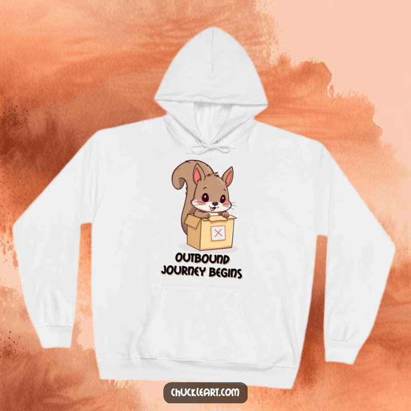Funny hoodie with a squirrel humorously trying to fit into a small shipping box, conveying a desire for escape and comical self-packaging.