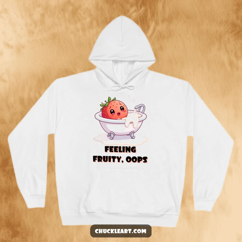 Funny hoodie featuring a surprised strawberry in a tiny overflowing milk bathtub, perfect for cozy humor lovers.