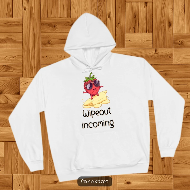Funny strawberry surfing on melting butter wearing sunglasses, a cozy and hilarious hoodie for fruit and humor lovers.
