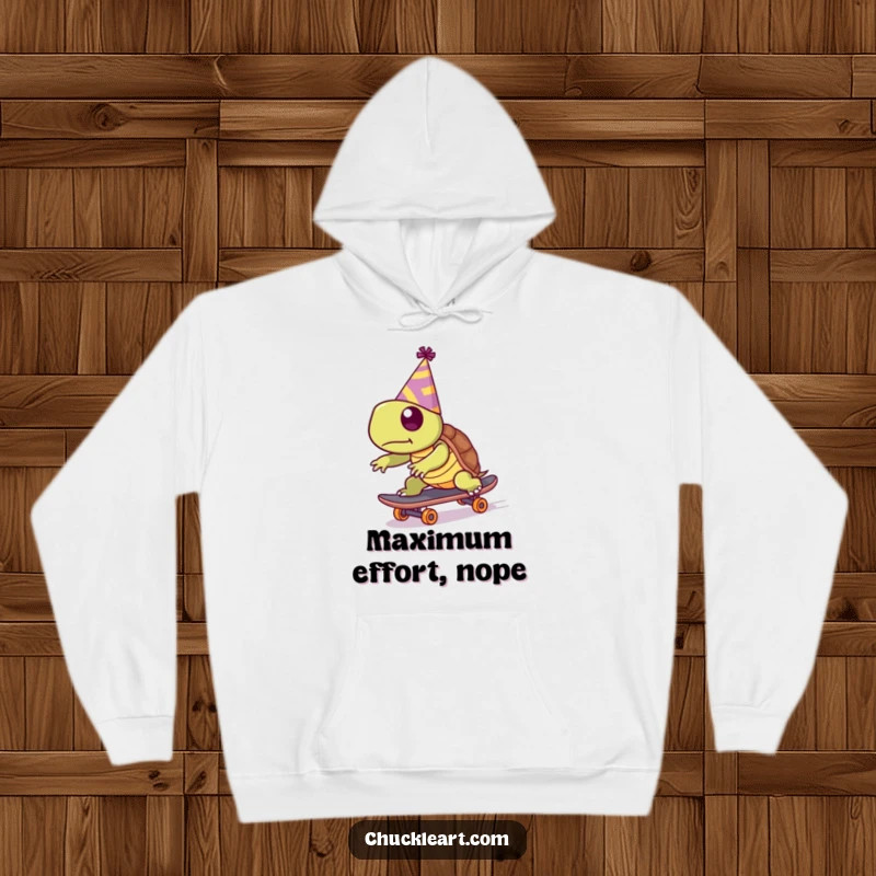 Funny hoodie with a turtle wearing a party hat, attempting to skateboard quickly, depicting a slow-moving celebration enthusiast.