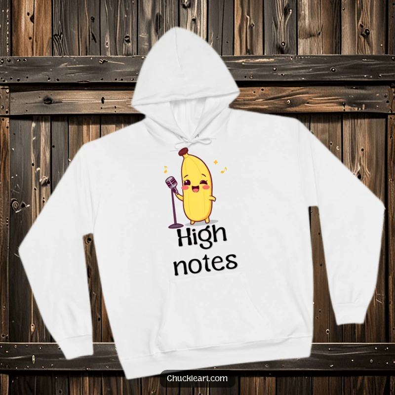Funny hoodie graphic of a happy banana in a bow tie, dramatically singing opera.