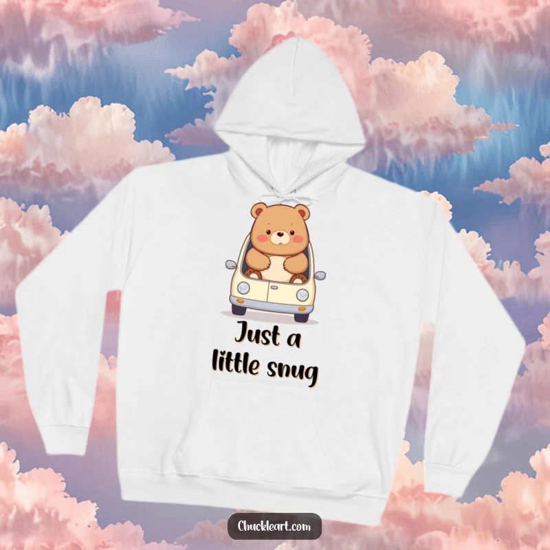 Funny chubby bear hilariously trying to fit into a tiny car, spilling out, on a warm hoodie, ideal for a funny gift.