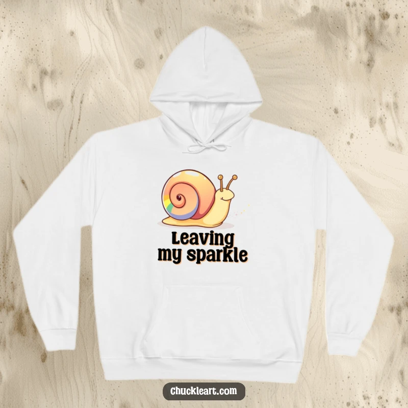 Funny rainbow snail hoodie featuring a snail with a rainbow shell and a sparkly trail, offering warmth and enchantment.