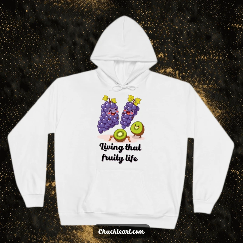 Funny hoodie depicting grapes and a kiwi engaged in a comical leapfrog game, offering warmth and humorous artistic expression.