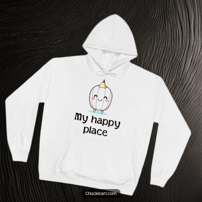 Funny hoodie with a happy little pencil drawing a smiley face on itself, cozy and cheerful.