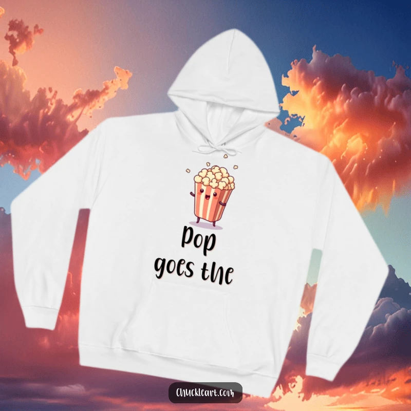 Funny hoodie featuring a piece of popcorn executing a surprising jump from its bag, designed for warmth and amusement.