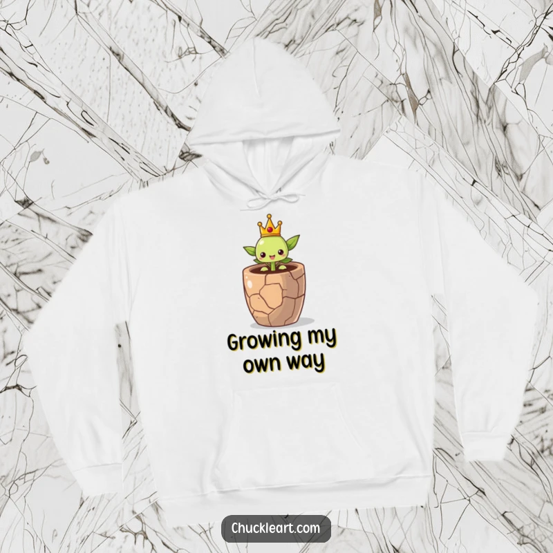 Comfortable hoodie depicting a proud little sprout in a crown, breaking free from a cracked pot, symbolizing perseverance.