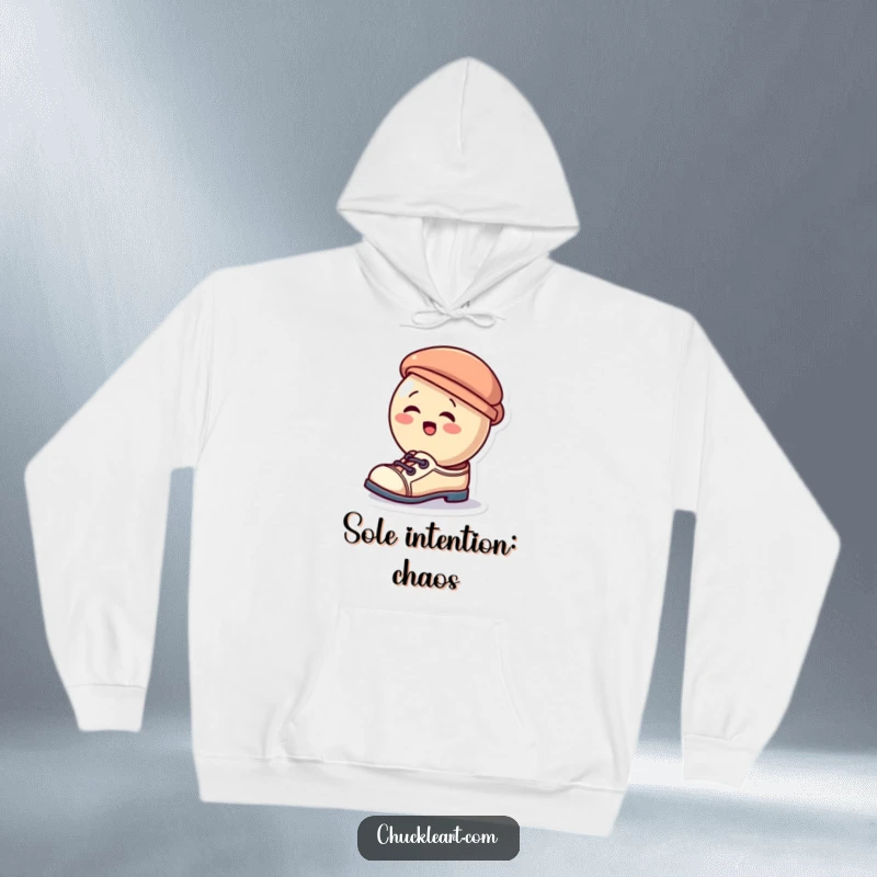 Funny hoodie depicting a giggling button character humorously trying on a hat as footwear, a warm and witty apparel choice.